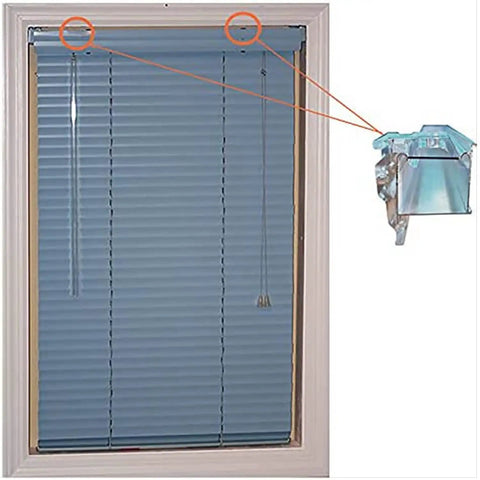 Two Piece Clear Concealed Mounting Brackets For One Inch Vinyl Or Aluminum Mini Blinds Heavy Duty Plastic Build Provides Dead Simple Install And Slick Look For Fast Home Makeovers shown mounted above blue mini blinds.