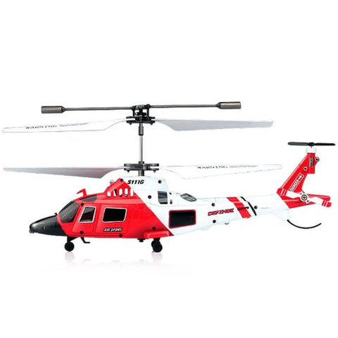 Red and white Three Point Five Channel RC Helicopter With Gyro For Beginners, side view, stable flight, 2.4GHz control