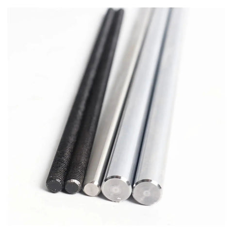 Awesome Upgrade Kit For Voron 2.4 And Trident MMU ERCF Featuring Smooth 8mm Rods, D-Cut Lead Screws, M5 Threaded Spindles, And Solid 5mm Shafts In Six Cool Colors That Will Make Your Build Feel Fresh and Totally Rad. black and silver 8mm rods and shafts for Voron 2.4 and Trident