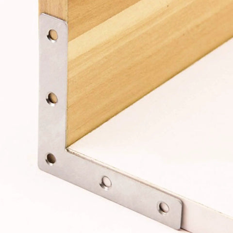12 Pack Stainless Steel L Shaped Corner Brackets Rock Solid Right Angle Furniture Repair Plates Heavy Duty Table Leg Supports With Screws, installed on wooden corner.