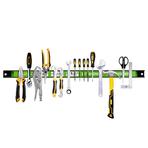 Heavy Duty Magnetic Tool Holder Kit 8 Pack 18 Inch Tool Bars With Mounting Brackets And S Hooks Wall Mount Strip Rack Carbon Steel Built Tough Pro Grade Hold 50 Lb Per Bar Holds Wrenches Screwdrivers Spanners Green showing various tools organized