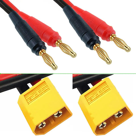 XT30 Male To 4mm Banana Plug Adapter Cable 16AWG 30CM Lead For RC LiPo Battery Charging FPV Drone, shown in yellow, 2 pack