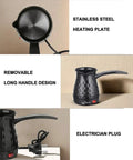 Stainless Steel Turkish Coffee Pot For Home Use 0.5L With 600W Heating Plate, removable handle, and electric plug visible from side view.
