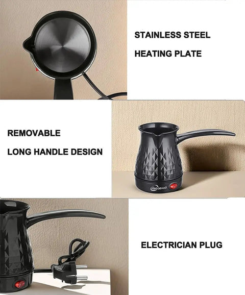 Stainless Steel Turkish Coffee Pot For Home Use 0.5L With 600W Heating Plate, removable handle, and electric plug visible from side view.
