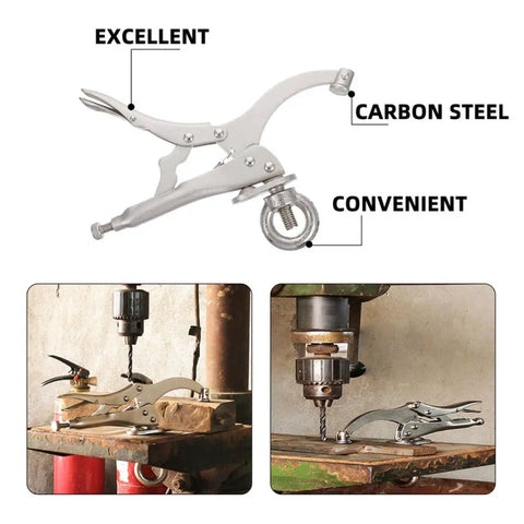 Heavy Duty Drill Press Clamp For Woodworking And Welding Jobs, Carbon Steel Vise Hold Down Fixture With Silver Finish shown in workshop.