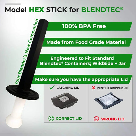Tamper For Latching Lid Blenders That Fit Standard Latching Jars, Air Pocket Free, BPA Free, Dishwasher Safe, Pro Grade Quality