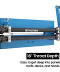 Heavy Duty Sheet Metal Bead Roller with 18 Inch Throat Depth and gear-driven hand-crank, showcasing included dies and blue frame
