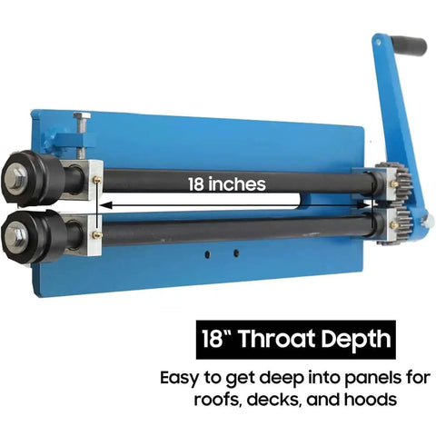 Heavy Duty Sheet Metal Bead Roller with 18 Inch Throat Depth and gear-driven hand-crank, showcasing included dies and blue frame