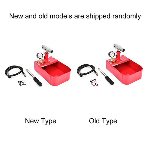 Manual hydraulic pressure test pump, 1000 PSI, red with gauge and hose; two units shown (new and old type).