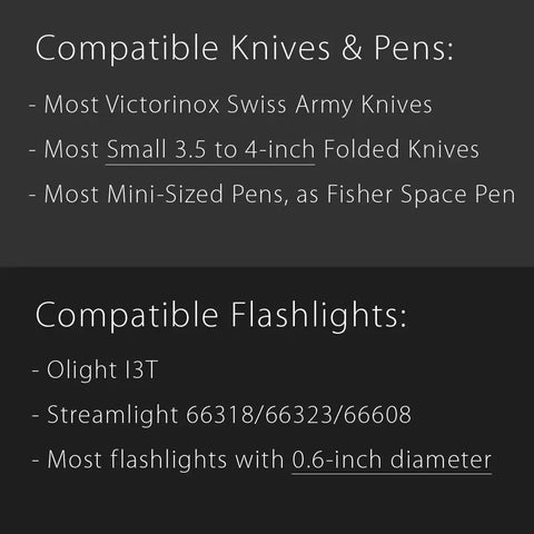 Compatibility chart for knives, pens, and flashlights: Victorinox, small 3.5-4 inch knives, mini pens, Olight I3T, Streamlight 66318.