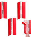 Red acrylic plastic hinges with folding design, ideal for displays, showing clear self adhesive plastic hinges 65x40mm acrylic transparent.