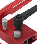 Close-up of Aluminum Alloy T Track Fence Flip Stop for Miter Track Systems with adjustment lever and knobs.