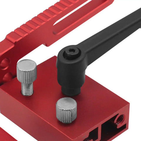 Close-up of Aluminum Alloy T Track Fence Flip Stop for Miter Track Systems with adjustment lever and knobs.