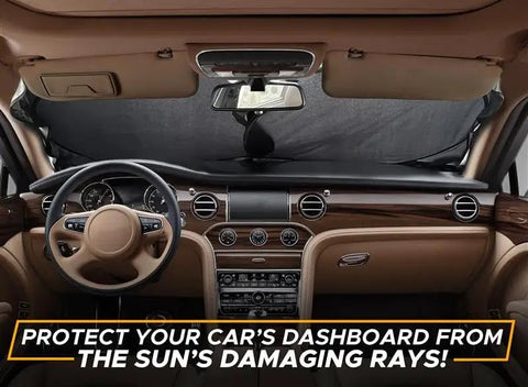Heavy Duty Car Windshield Sun Shade Blocks Gnarly Highway Scorcher And Dangerous Ultraviolet Rays Keeps Your Ride Cooler in car interior.