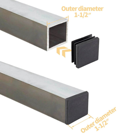 30 Pack One And One Half Inch Square Plastic End Caps for Square Tubing Chair Legs Fence Black shown next to square tubing.