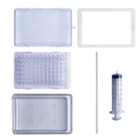 Dessert Dispenser And Transparent Dessert Maker For Home Kitchen And Dessert Shops With 96 Holes To Create Spherical Pearls, includes transparent perforated grid, syringe, and parts.