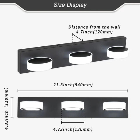 Size display of matte black vanity lights over mirror three light modern bathroom fixture with rotatable oval lampshades.