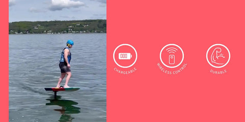Person riding High Power EFoil For Water Sports With 28 Mph Top Speed And 120 Minute Ride Durable Rechargeable Battery Pack
