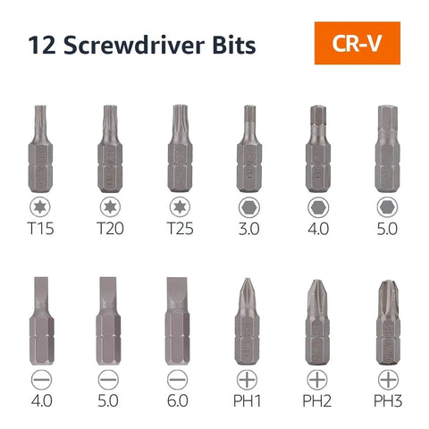 12-In-1 Magnetic Ratcheting Screwdriver Set With Bit Storage In Handle showing 12 CR-V screwdriver bits and types