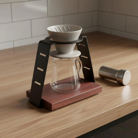 Straight Up Solid Coffee Stand And Dripper Holder Built With Heavy Duty Carbon Steel And Wooden Pedestal Base For Clean Manual Brew Organization That Stays Crisp on a wood countertop.