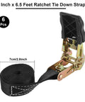 Heavy Duty Ratchet Tie Down Straps Six Pack One Inch Wide By Six Feet Long Black Polyester showing a close-up of ratchet mechanism.