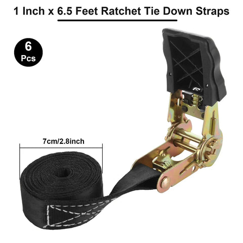 Heavy Duty Ratchet Tie Down Straps Six Pack One Inch Wide By Six Feet Long Black Polyester showing a close-up of ratchet mechanism.