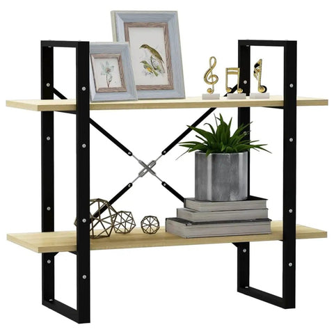 Two-Tier Book Cabinet In Sonoma Oak Finish Made From Engineered Wood with decor, books, and frames on shelves