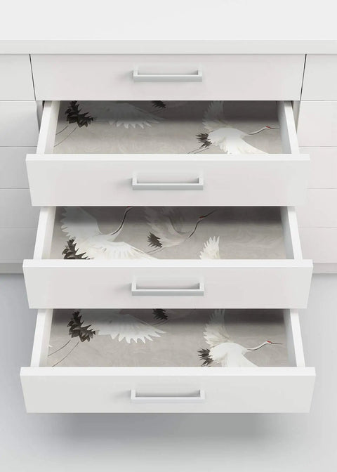 Halcyon Peel And Stick Grey And White Crane Pattern Wallpaper Removable Contact Paper For Walls in kitchen drawers.
