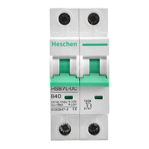 Front view of DC Miniature Circuit Breaker 2-Pole 40 Amp Non-Polarized Type B 12V-110V DC MCB with 6kA Breaking Capacity.