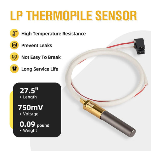 LP thermopile sensor for pilot assembly; white braided cable with gold probe and 2-pin connector; 27.5 in length