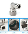 Close-up of Stainless Steel Pneumatic Female Elbow Push To Connect Fitting, featuring 1/4 Inch NPT, 90 Degree Quick Connector for Air Compressors.