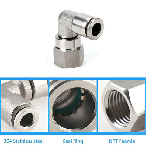 Close-up of Stainless Steel Pneumatic Female Elbow Push To Connect Fitting, featuring 1/4 Inch NPT, 90 Degree Quick Connector for Air Compressors.