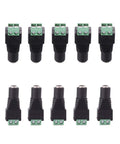 Rock Solid 10 Pack DC 12V Power Connectors 5.5mm X 2.1mm Female Terminal Block in a row, demonstrating plug connectors design.