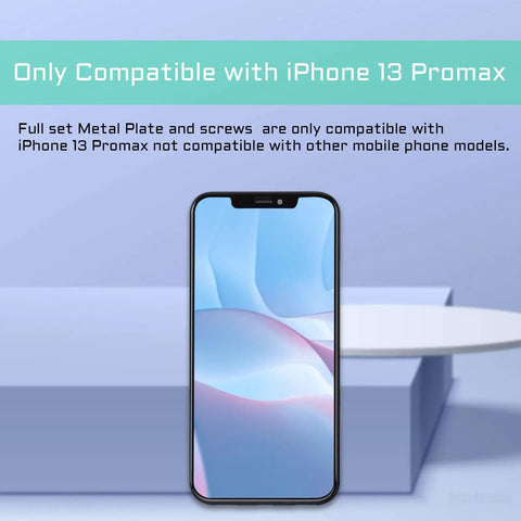 Image of iPhone 13 with text stating compatibility of Internal Screws Set and Full Metal Bracket Kit for iPhone 13 Pro Max Replacement.