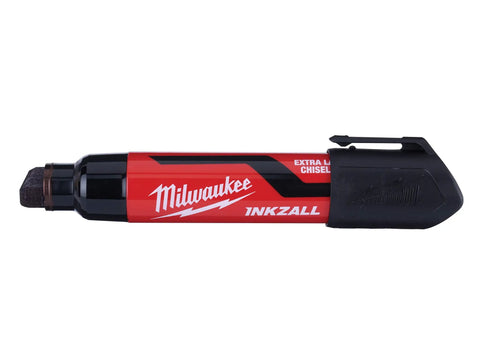 Red and black InkZall XL Chisel Tip Marker Black for Tough Jobs, Long Cap Off Time Over 72 Hours, Quick Drying Ink, Writes On Wet, Oily, Dusty Surfaces, Ideal On Concrete, Wood, Metal, Plywood, OSB And Plastic, side view.
