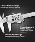 Digital Caliper With Large LCD Screen For DIYers And Pros showing close-up of metal design, fine wheel, and zero button features.