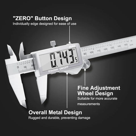 Digital Caliper With Large LCD Screen For DIYers And Pros showing close-up of metal design, fine wheel, and zero button features.