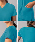Fresh Fit V Neck Scrub Tops For Women All Day Comfy Teal Blue Addition Collection, showing side vents and pockets.