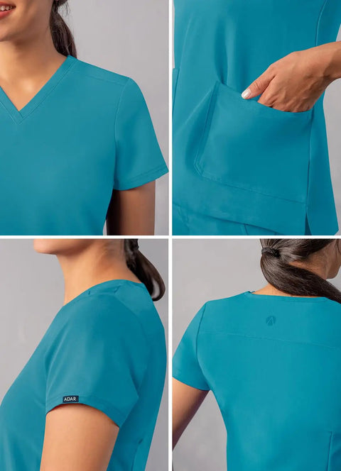 Fresh Fit V Neck Scrub Tops For Women All Day Comfy Teal Blue Addition Collection, showing side vents and pockets.