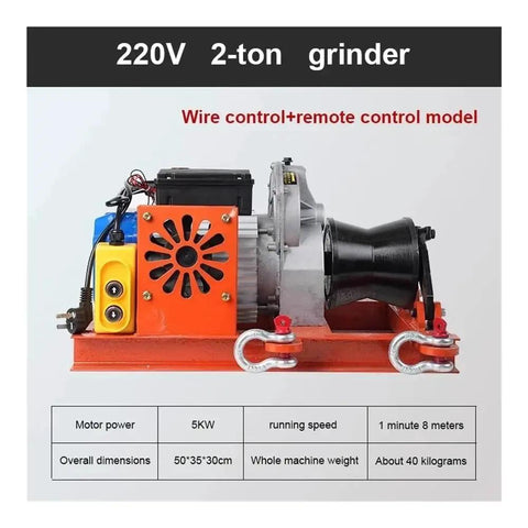 Compact Portable Electric Winch Puller Machine For Small Garden Maintenance And Light Lifting Tasks With Robust 2 Ton Capacity And Easy Setup Design Made For Tough Jobs, side view with controls.