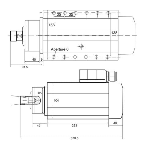Technical drawing of 6.0kW CNC Spindle Motor With ER32 Quick Change System, detailing dimensions and features.