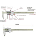 VZDRHYURI 0-200mm IP67 Inside Outside Depth Vernier Caliper Digital 200mm with labeled features and measurements.