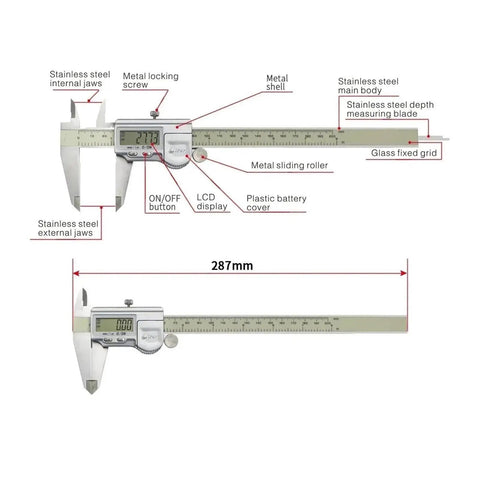 VZDRHYURI 0-200mm IP67 Inside Outside Depth Vernier Caliper Digital 200mm with labeled features and measurements.