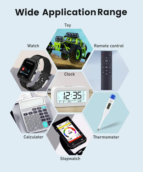 Image showcasing wide application range of 10 Pack Lr44 Batteries 1.5 Volt Alkaline Ag13 A76 357 Sr44 in devices like watches, toys, and remotes.