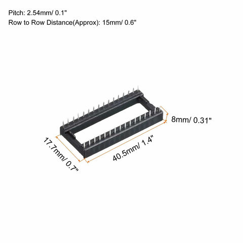 Flat Pin DIP IC Socket Adapter 32-Pin, 2.54mm Pitch, 15mm Row Spacing, dual-row design with measurements shown