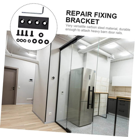 Barn Door Track Connecting Brace Set With Flat Fixing Plates Four Hole Mending Plates For Seamless Track Connection Easy Install Durable Repair Connector For Smooth And Reliable Sliding Hardware displayed with installation example in modern interior.