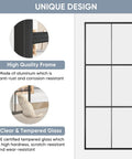 Image of Double Barn Door Set 72 By 96 Inches With 12 Feet Hardware Kit Includes Two 36 By 96 Clear Tempered Glass Panels Aluminum Frame Pocket Interior Door Easy Assembly Black Top Mounted Hardware showing aluminum frame and glass details.