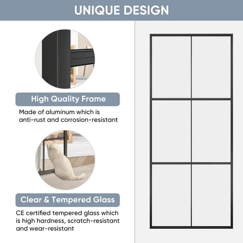 Image of Double Barn Door Set 72 By 96 Inches With 12 Feet Hardware Kit Includes Two 36 By 96 Clear Tempered Glass Panels Aluminum Frame Pocket Interior Door Easy Assembly Black Top Mounted Hardware showing aluminum frame and glass details.