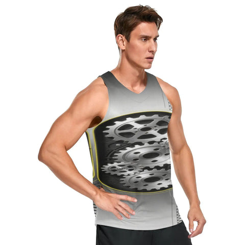 Men's Quick Dry Tank Top And Sleeveless Tee Crafted From Moisture Wicking Fabric With Lightweight Breathable Gym Wear Essentials Sweat Resistant Workout Shirt Real Deal Summer Activewear Staple modeled by a man wearing a sleeveless shirt with a gear design.