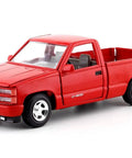 Chevy 454SS 1992 Red Diecast Pickup Truck One Twenty Fourth Scale With Opening Doors Hood Tailgate And Working Steering Classic 90s Rad Chevy Pickup Model Car Motormax. Side view highlighting doors and wheels.